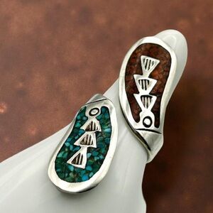 Signed JTS Juan T Singer Sterling Silver Turquoise & Coral Chip Bypass Ring Sz 6